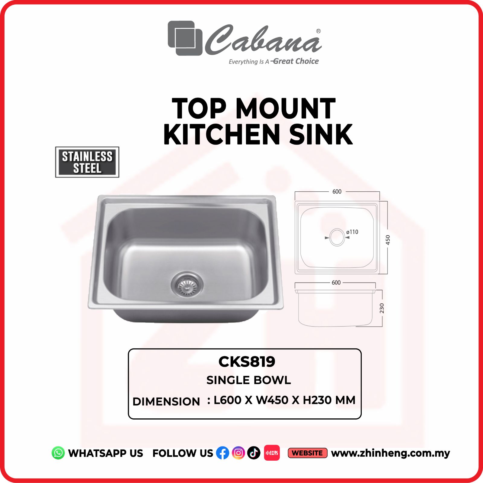 CABANA TOP MOUNT KITCHEN SINK SINGLE BOWL CKS819