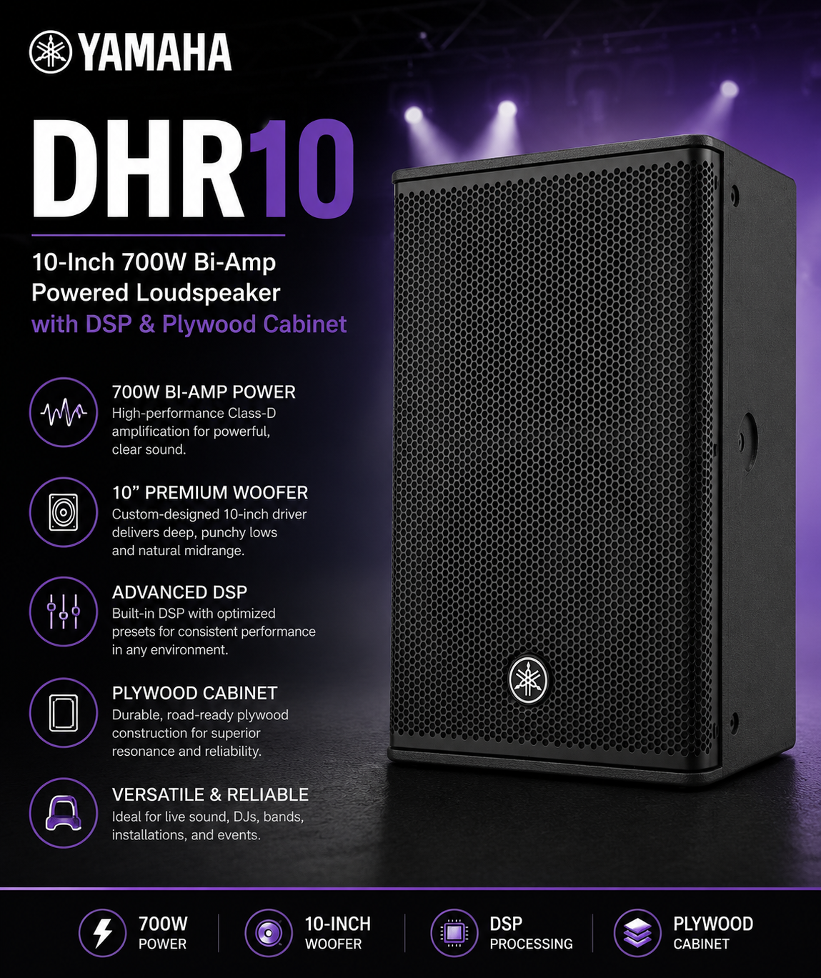 Yamaha DHR10 – Pembesar Suara Aktif 10-Inci 700W Bi-Amp dengan DSP & Kabinet Kayu Papan Lapis