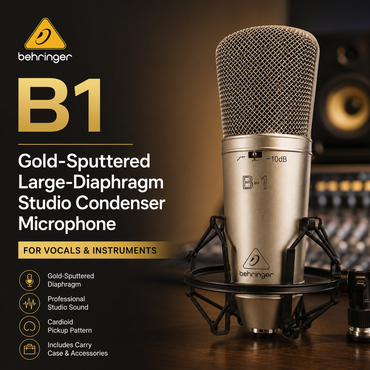 Behringer B1 – 镀金大振膜录音室电容麦克风，适用于人声与乐器录音