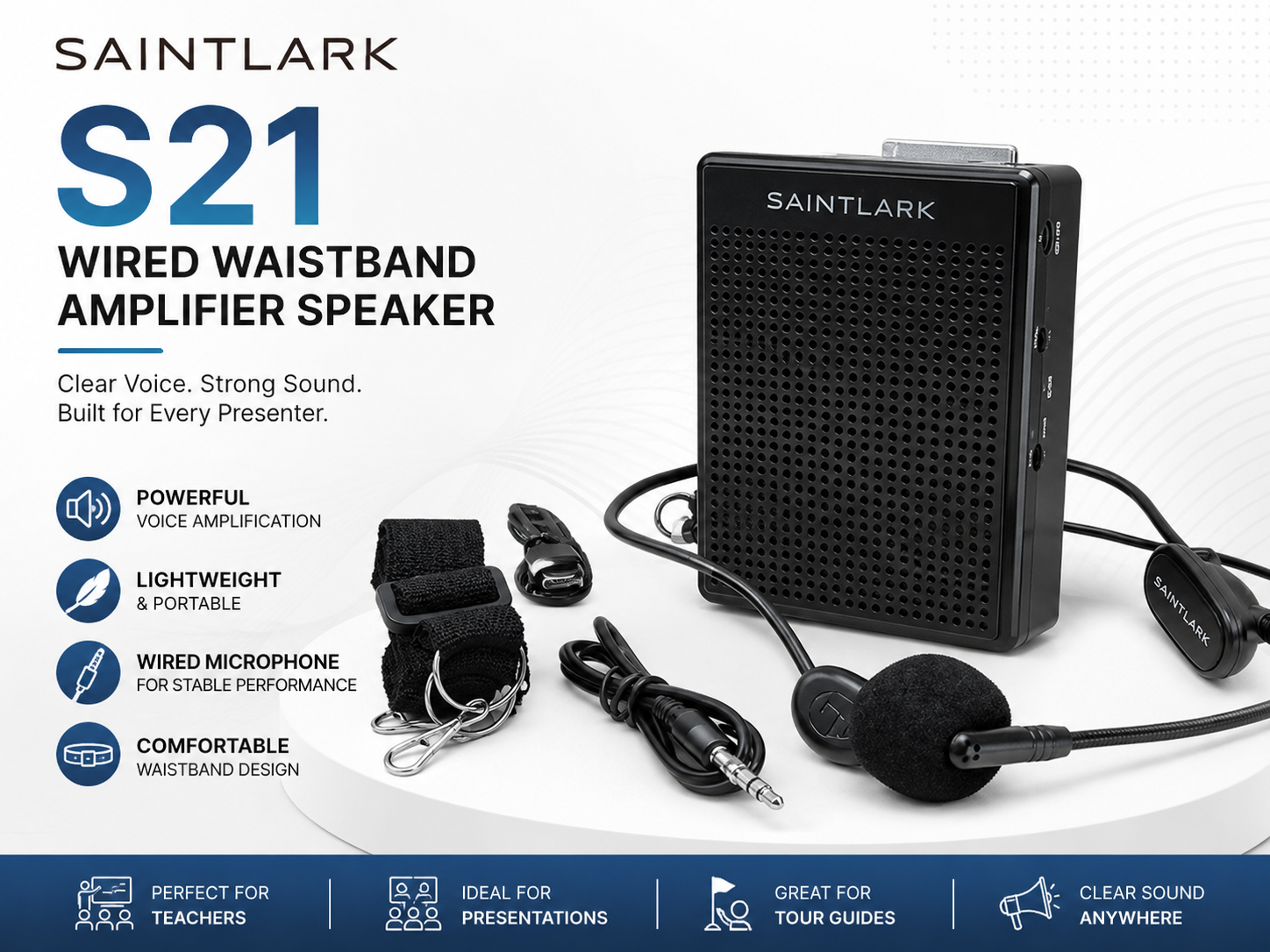 SAINTLARK S21 Pembesar Suara Penguat Suara Pinggang Berwayar dengan Mikrofon Headset Berwayar – Sesuai untuk Guru, Penceramah, Jurulatih & Pemandu Pelancong