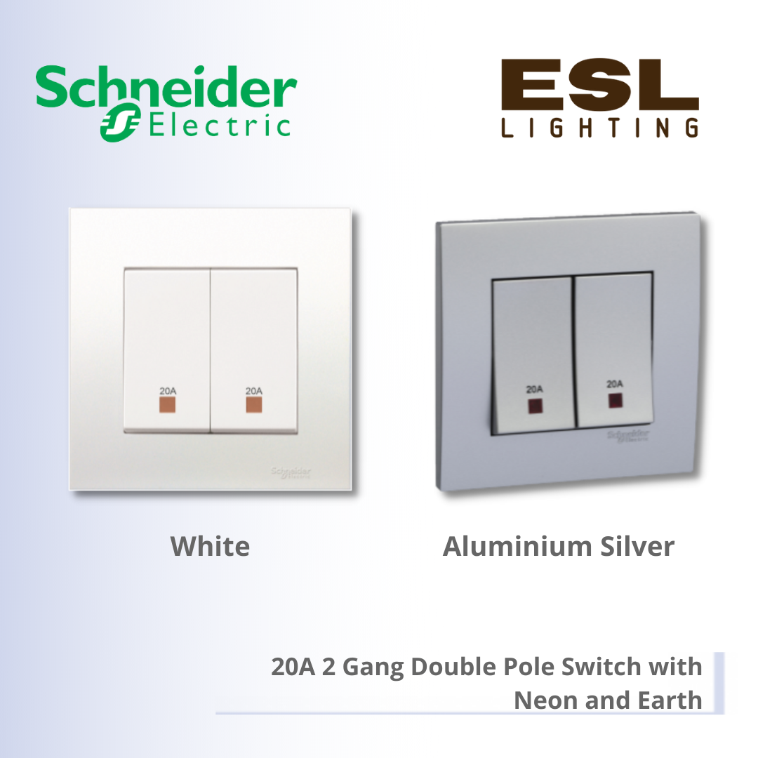 SCHNEIDER Vivace 20A 2 Gang Double Pole Switch with Neon and Earth - KB32D20NE_WE_G11 KB32D20NE_AS_G11