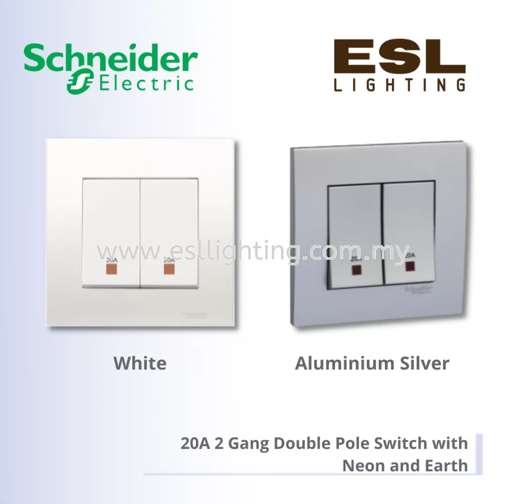 SCHNEIDER Vivace 20A 2 Gang Double Pole Switch with Neon and Earth - KB32D20NE_WE_G11 KB32D20NE_AS_G11