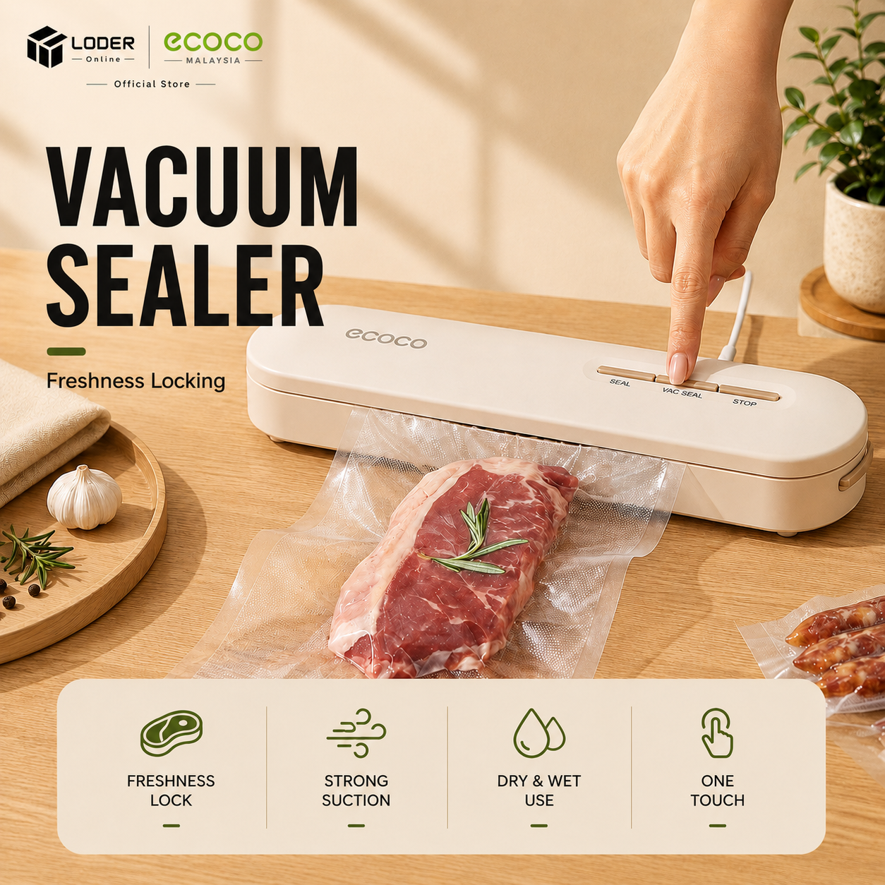 LODER ECOCO Vacuum Sealer Food Sealer Vacuum Packing Machine Food Preservation Sealing Machine 60kPa