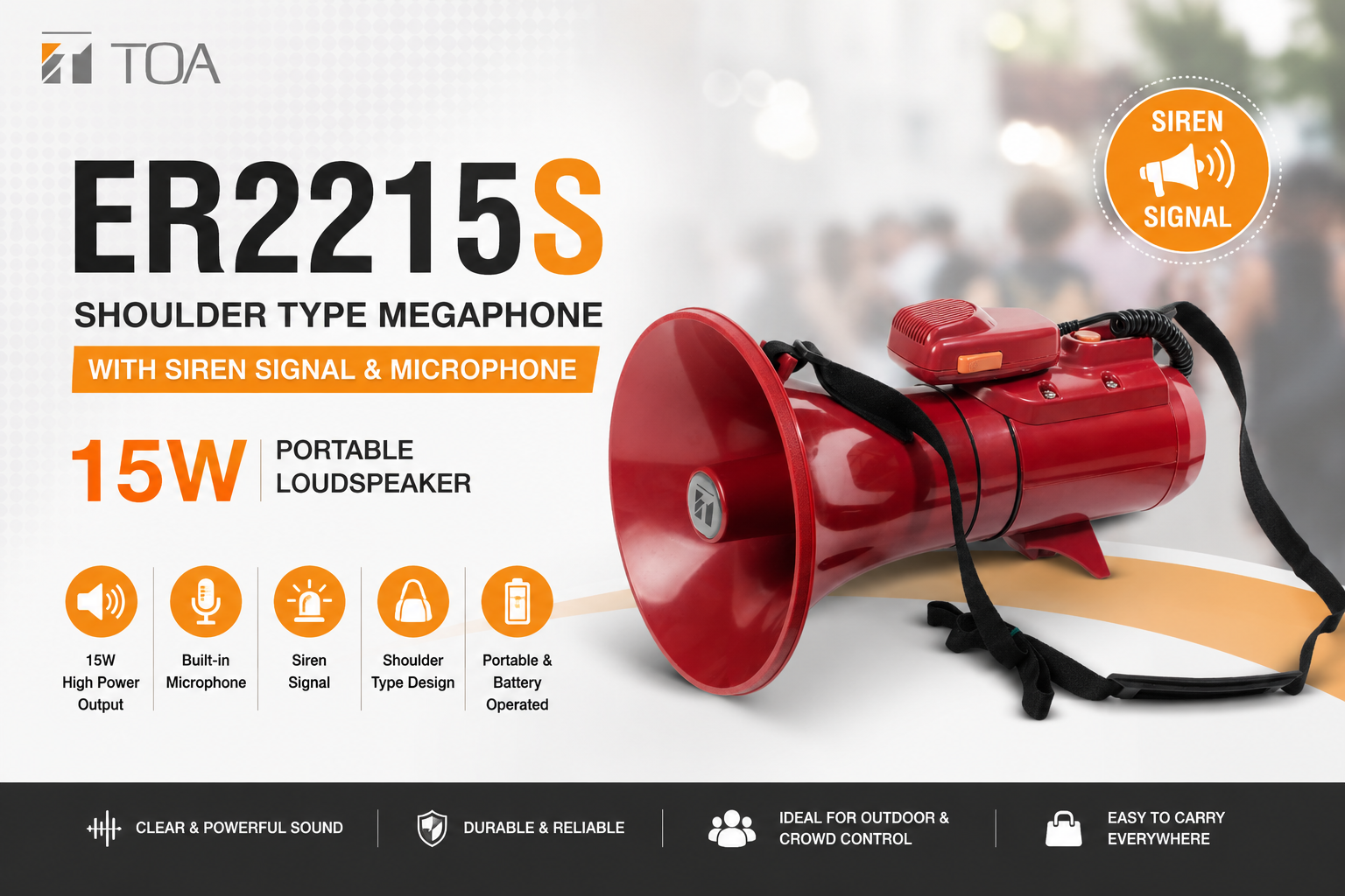 TOA ER2215S Shoulder Type Megaphone with Siren Signal & Microphone – 15W Portable Loudspeaker