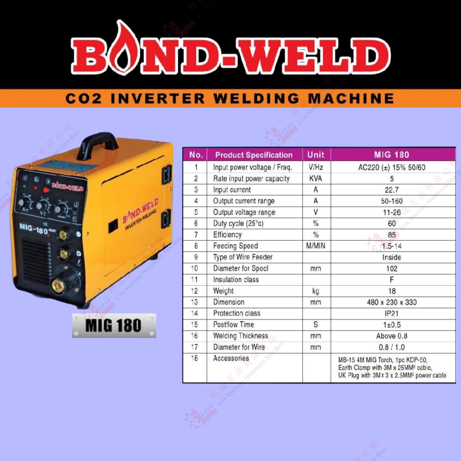 BOND WELD BRAND CO2 INVERTER WELDING MACHINE - MIG180