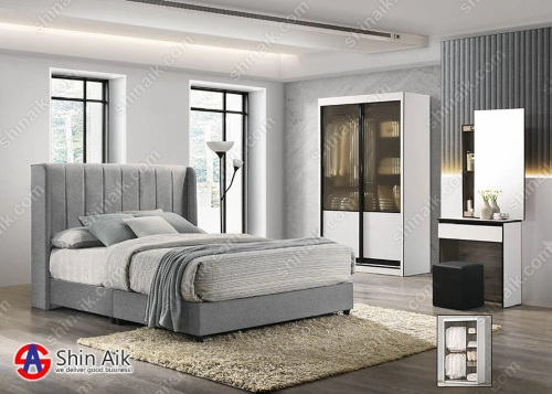 9921-11 (4'ft) White Golden Stripes Modern Bedroom Set With Grey Wingback Fabric Divan Bed