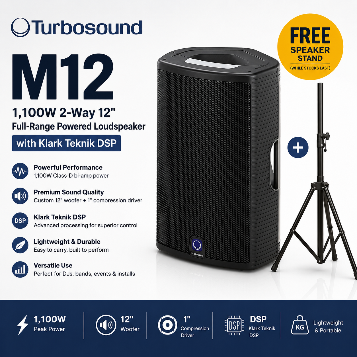 Turbosound M12 – 1100瓦两分频12英寸全频有源音箱，配备Klark Teknik DSP技术 + 赠送音箱支架（数量有限）