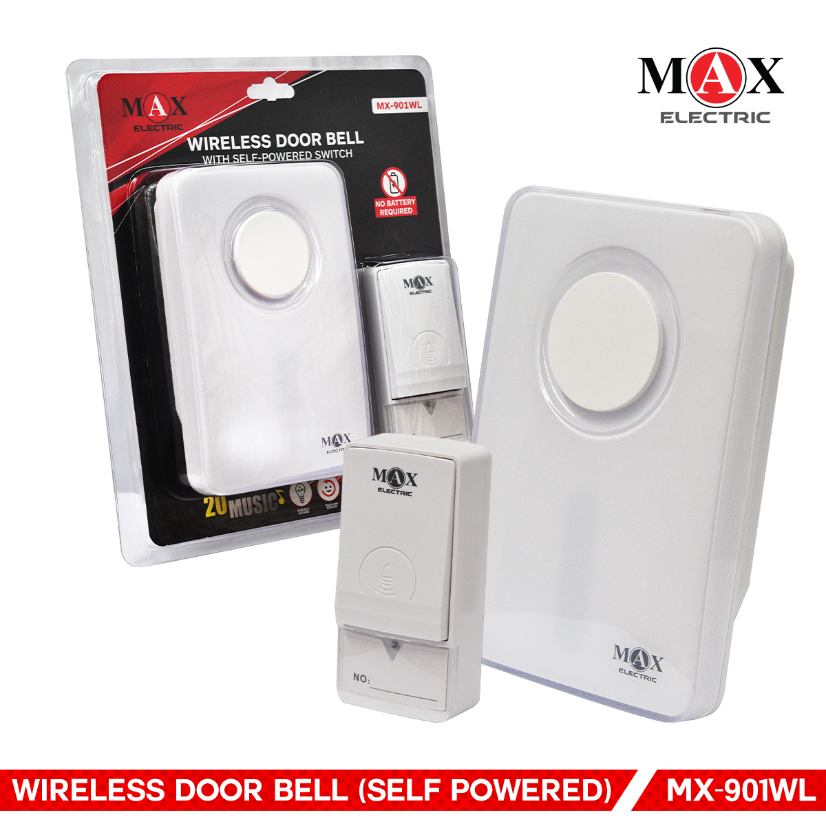 MAX ELECTRIC WIRELESS DOOR BELL (No Battery Required) Self Powered Switch