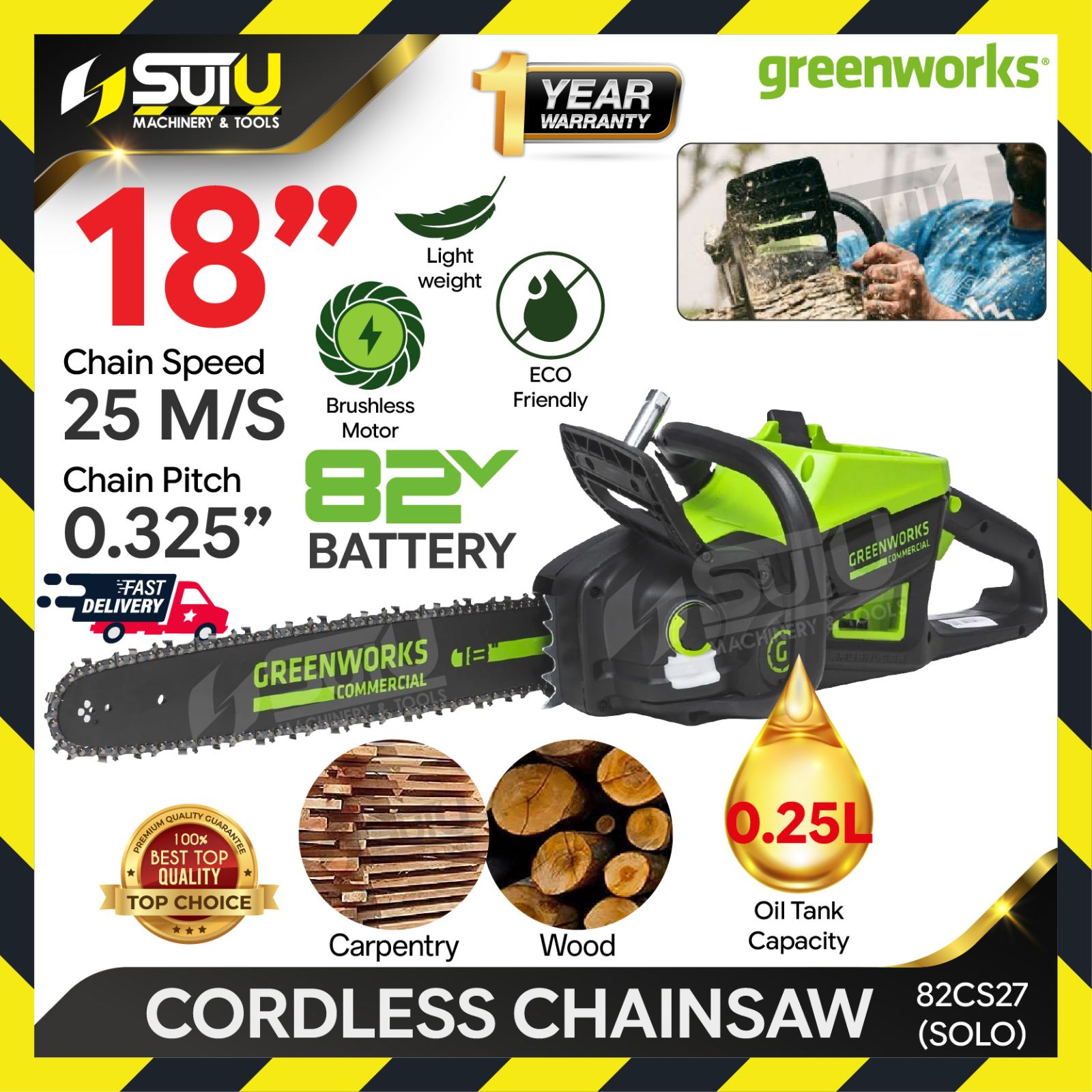 [SOLO - Machine only] GREENWORKS 82CS27 82V 18" Cordless Chainsaw /Chain Saw 2700W (No Battery & Charger)