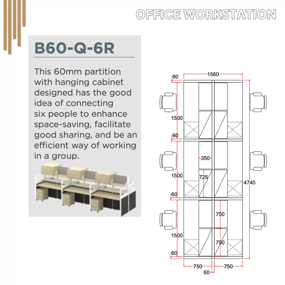 OFFICE WORKSTATION TABLE OF 6 B60-Q-6R | OFFICE FURNITURE