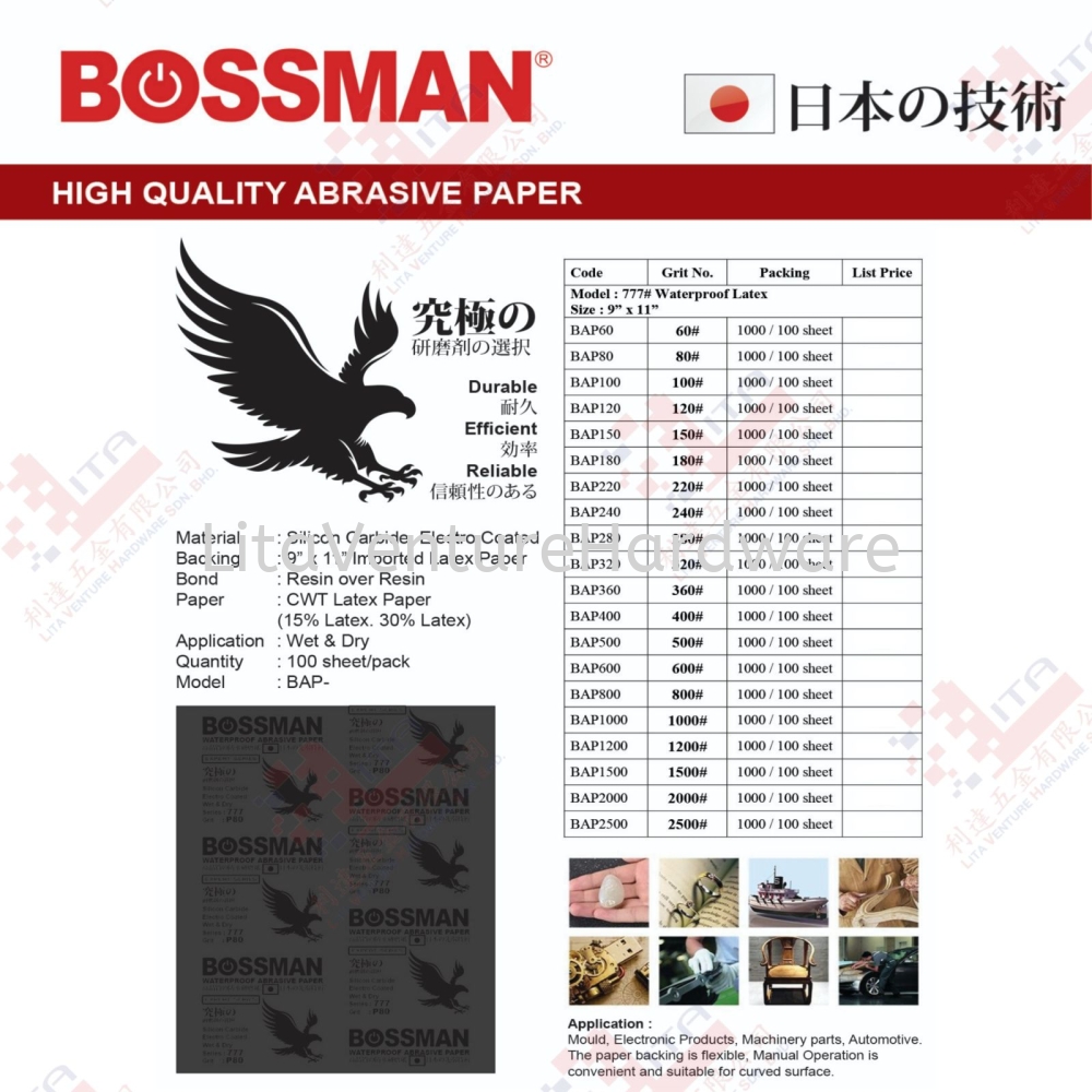 BOSSMAN BRAND ABRASIVE PAPER - BAP60 BAP80 BAP100 BAP120 BAP150 BAP180 BAP220 BAP240 BAP280 BAP320 BAP360 BAP400 BAP500 BAP600 BAP800 BAP1000 BAP1200 BAP1500 BAP2000 BAP2500