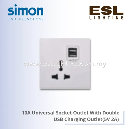 SIMON E6 SERIES 10A Universal Socket Outlet With Double USB Charging Outlet(5V 2A) - 72E725