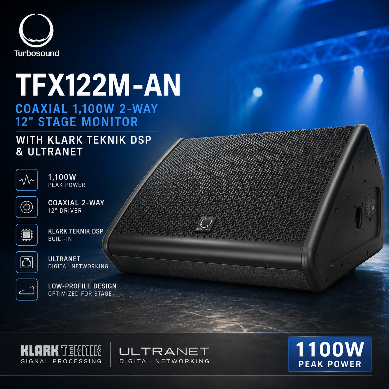 Turbosound TFX122M-AN – Coaxial 1,100W 2-Way 12" Stage Monitor with Klark Teknik DSP & Ultranet