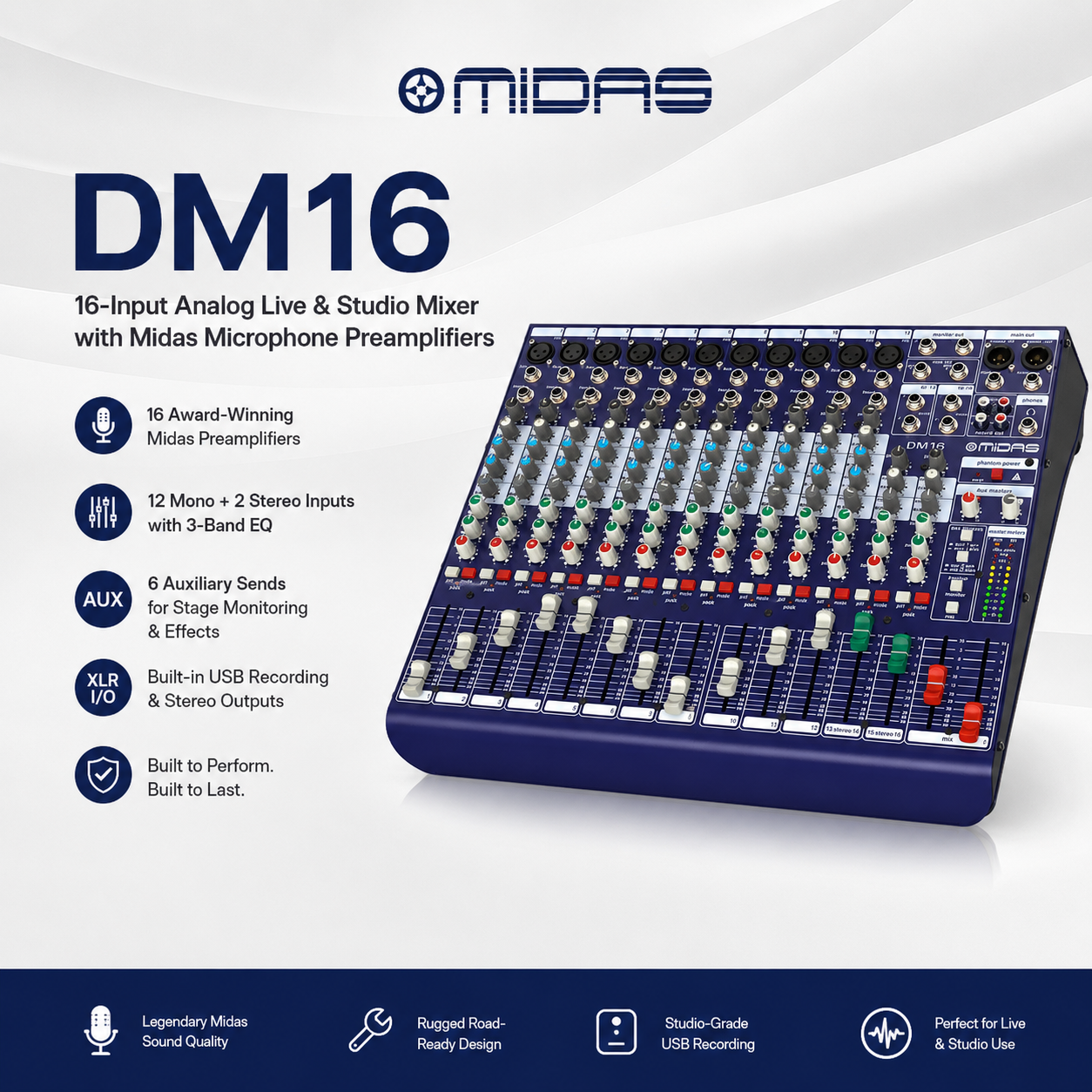 Midas DM16 – 16 Input Analog Mixer untuk Bunyi Langsung & Studio dengan Preamplifier Mikrofon Midas