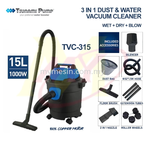 Tsunami TVC-S15 3 In 1 Industrial Dust & Water Vacuum Cleaner 15L Wet/Dry/Blow