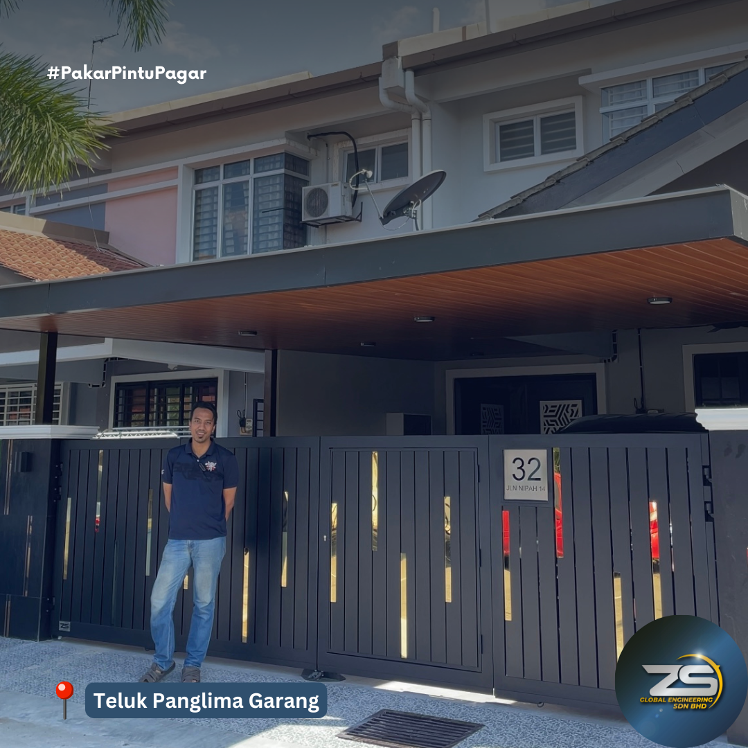 STAINLESS STEEL POWDER COATED FOLDING GATE TRACKLESS + ALUMINIUM WITH LASER CUT HOUSE PLATE & STAINLESS STEEL STRIP INSTALL AT TELUK PANGLIMA GARANG NEAR BANTING, PUCHONG, SAUJANA PUTRA, SHAH ALAM, KLANG