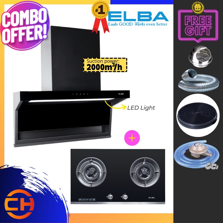 ELBA Designer Hood Monza EH-Q9327ST(BK) 2000m3/hr + Hob Set Dapur Gas Stove Masak Penyedut Asap