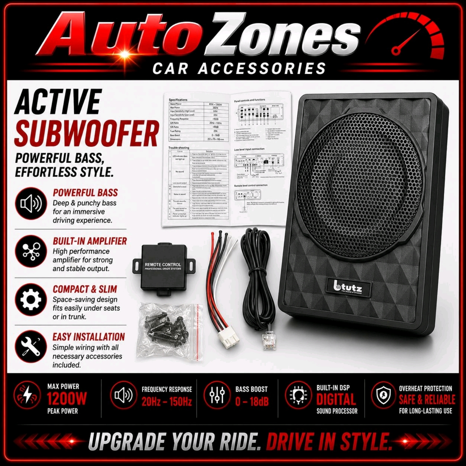 6.5'' Underseat Active Subwoofer Car Under Seat Subwoofer 6.5inch Woofer Bass Built-In Amplifier