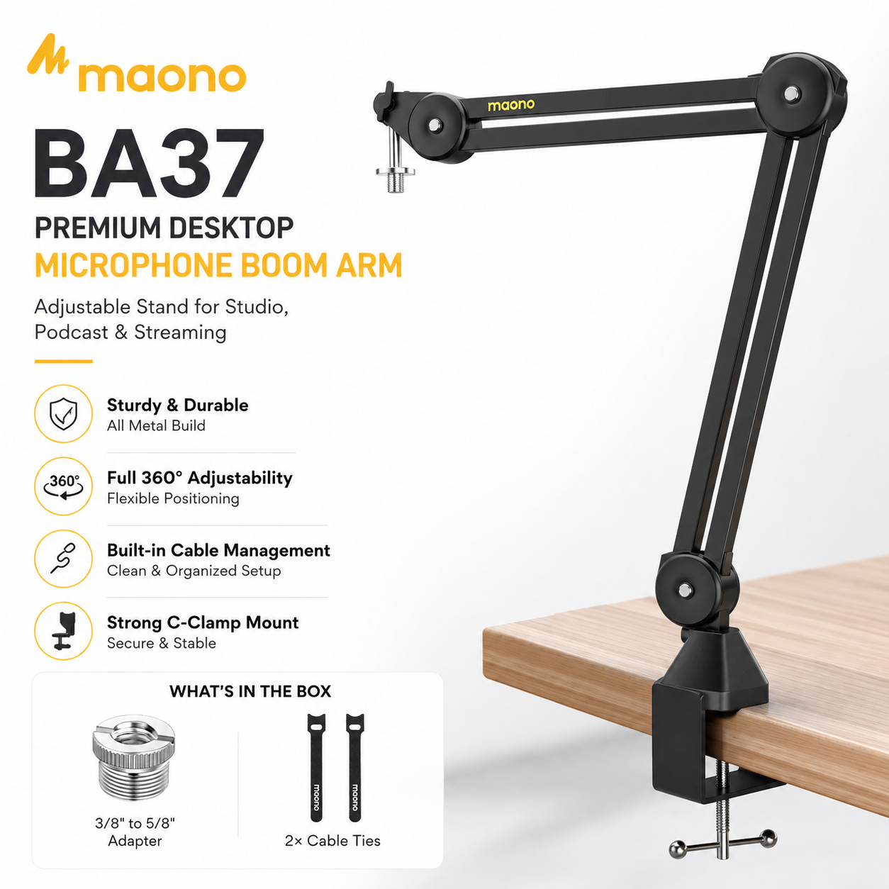 Maono BA37 高级桌面麦克风悬臂支架 – 适用于录音室、播客与直播