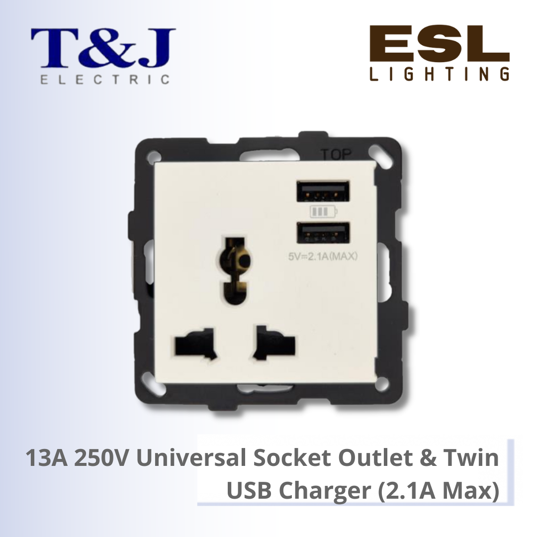 T&J LAVINA"95" SERIES 13A 250V Universal Socket Outlet & Twin USB Charger (2.1A Max) - JC8318USB2-W-LWH / JC8318USB2-W-LBL