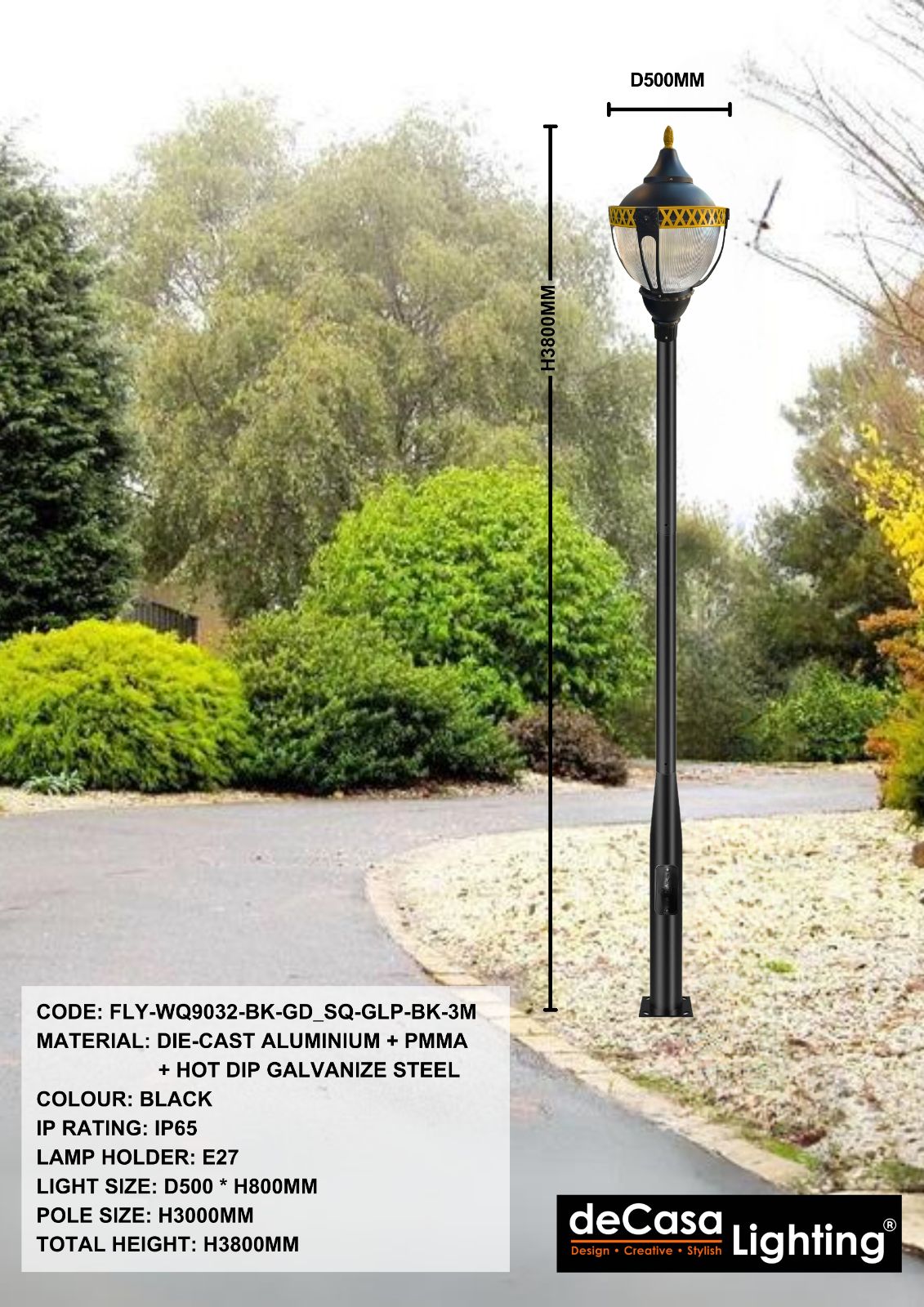 OUTDOOR GARDEN POLE LIGHT (FLY-WQ9032-BK-GD_SQ-GLP-BK-3M)