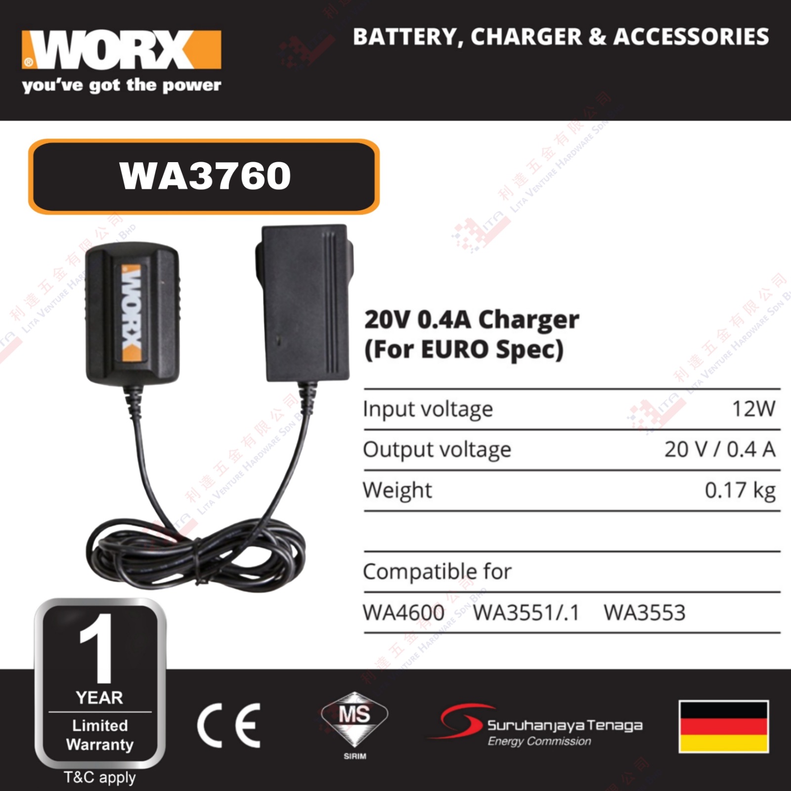 WORX BRAND 20V 0.4A CHARGER - WA3760