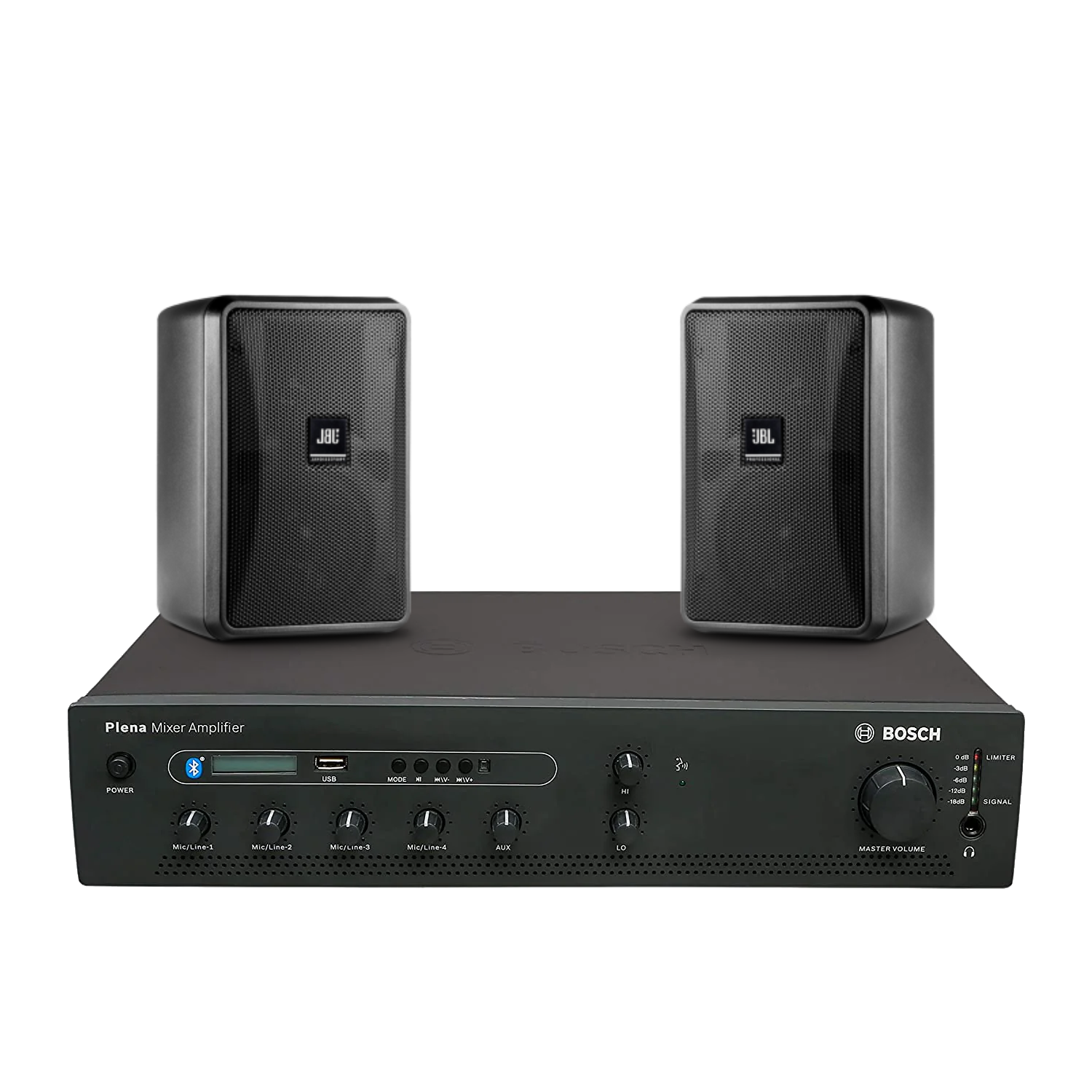 Bosch PA Package with PLE-1MEXXX-3AP 60W/120W/240W Mixing Amplifier & JBL Control 23-1 Ultra-Compact Indoor/Outdoor/Background/Foreground Speaker