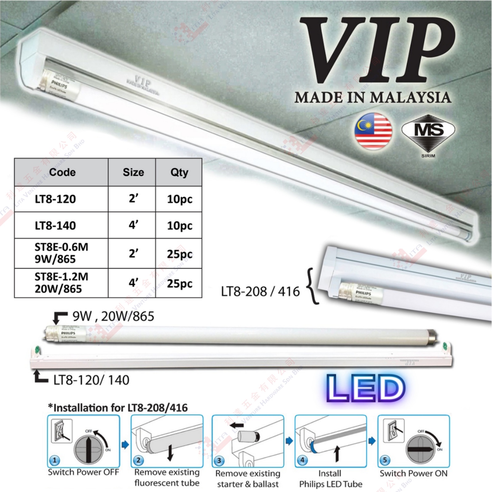 VIP BRAND LED TUBE - LT8120 LT8140 ST8E0.6M9W865 ST8E1.2M20W865
