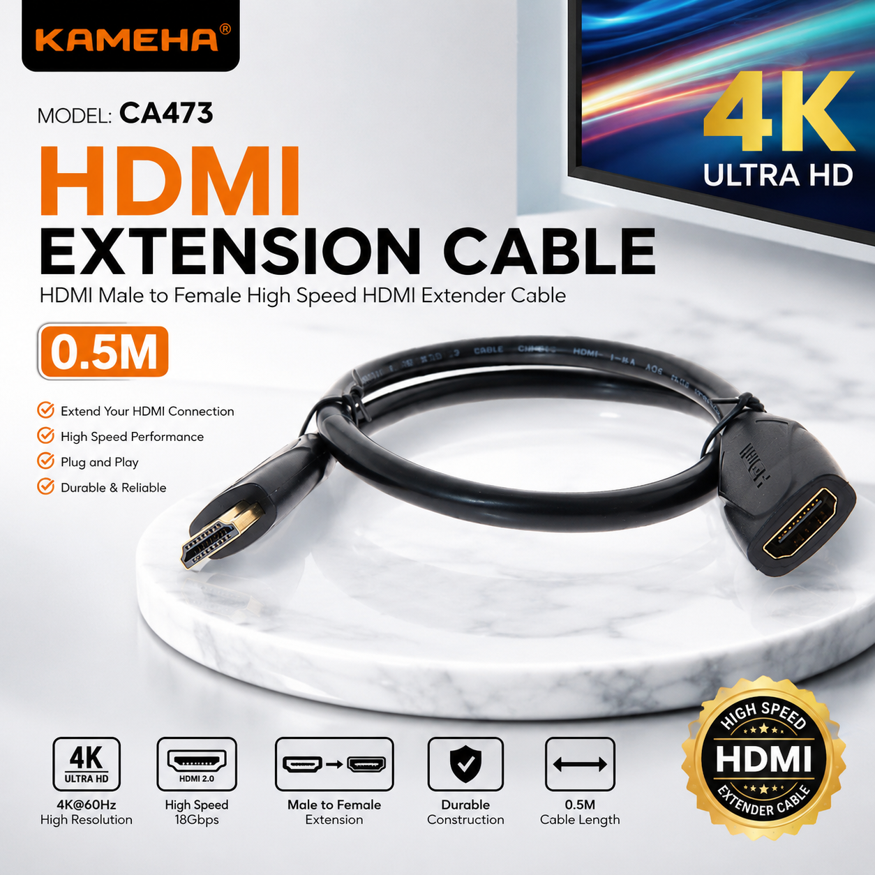 KAMEHA CA473 HDMI 延长线 0.5米 – HDMI 公对母高清延长连接线