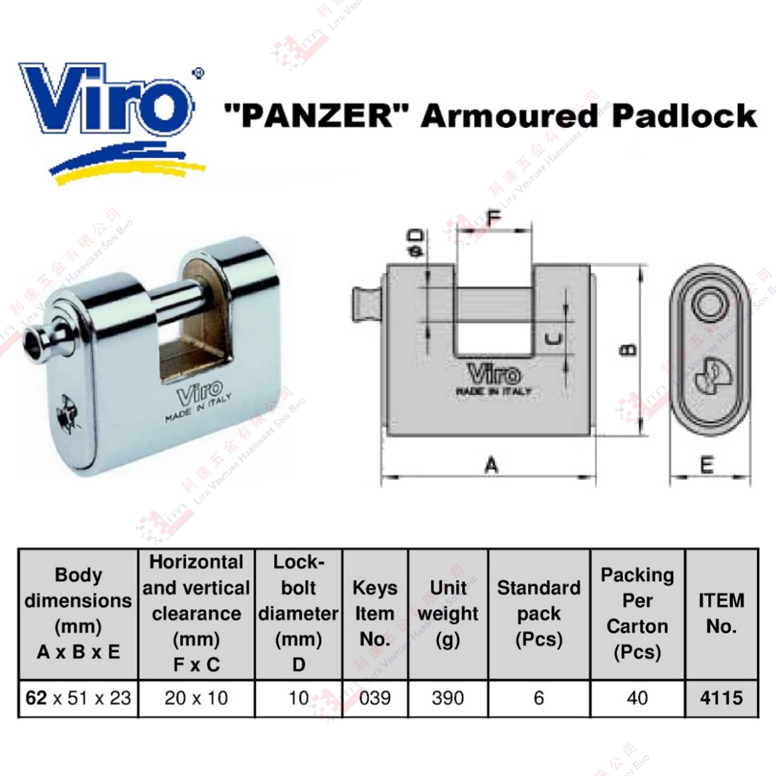 VIRO BRAND PANZER ARMOURED PADLOCK - 4115