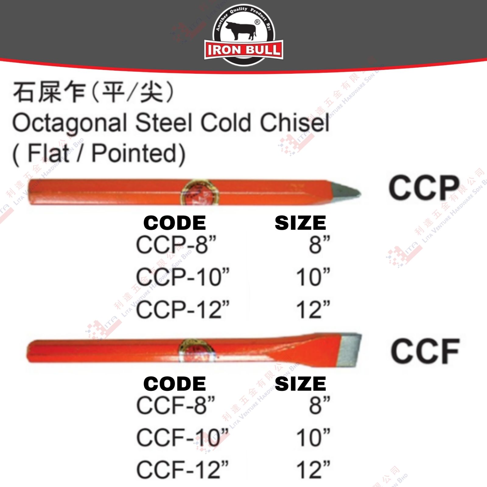 IRON BULL BRAND OCTAGONAL STEEL COLD CHISEL (FLAT POINTED) - CCP8 CCP10 CCP12 CCF8 CCF10 CCF12