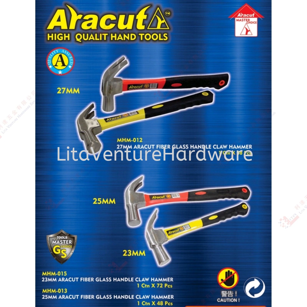 ARACUT BRAND FIBER GLASS HANDLE CLAW HAMMER 27MM 25MM 23MM - MHM012 MHM015 MHM013