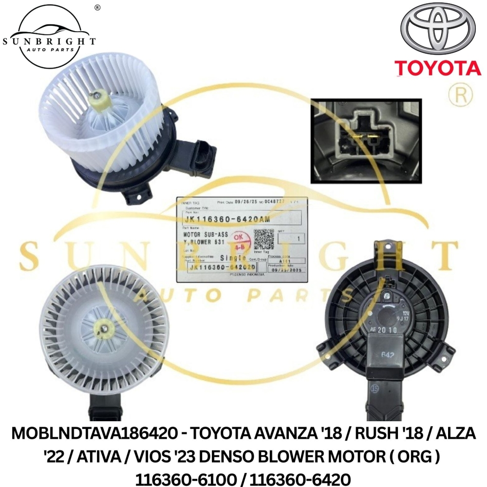 MOBLNDTAVA186420 - TOYOTA AVANZA '18 / RUSH '18 / ALZA '22 / ATIVA / VIOS '23 DENSO BLOWER MOTOR ( ORG ) 116360-6100 / 116360-6420