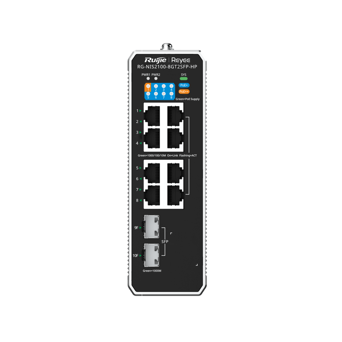 Ruijie - RG-NIS2100-8GT2SFP-HP（10-Port Cloud Managed Industrial Switch, with 1 x PoE++ Port, 7 x PoE+ Ports, and 2 x SFP Uplink Ports）