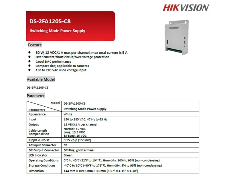 HIKVISION CCTV Power Supply 12V 5A 8CH (DS-2FA1205-C8)