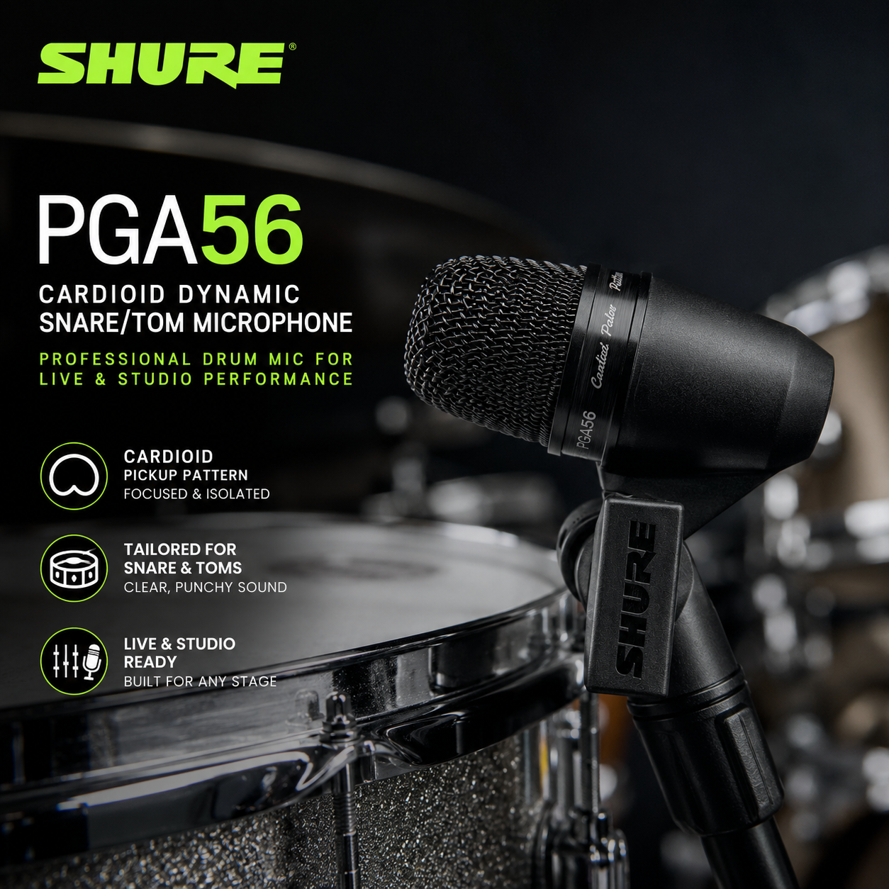 Shure PGA56 Mikrofon Dinamik Cardioid Snare/Tom – Mikrofon Dram Profesional untuk Pentas & Studio