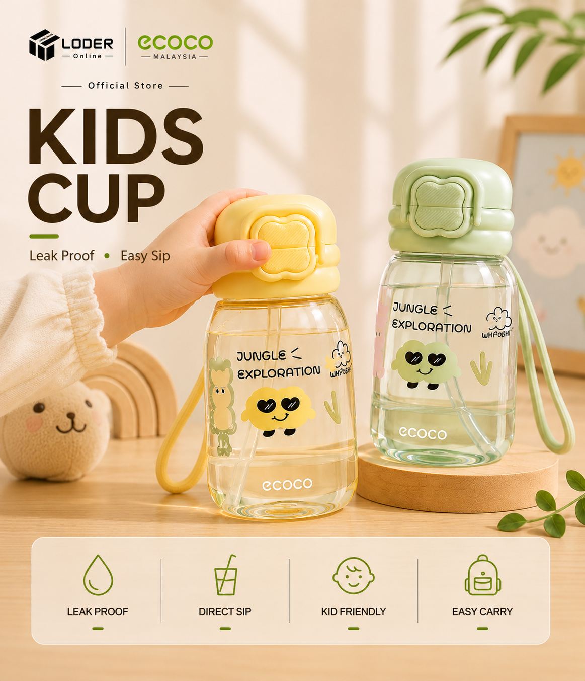 LODER ECOCO Kids Water Bottle with Straw Leakproof Tritan Drinking Bottle BPA Free School Water Cup