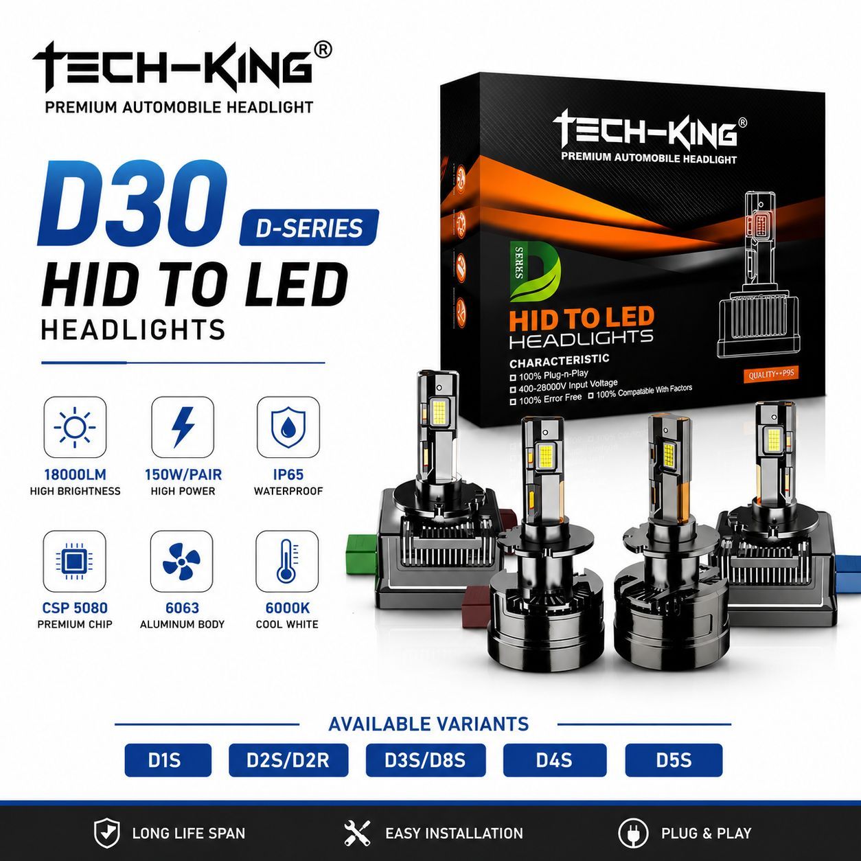 TECH KING D30 D-SERIES LED HEADLIGHT WITH CANBUS