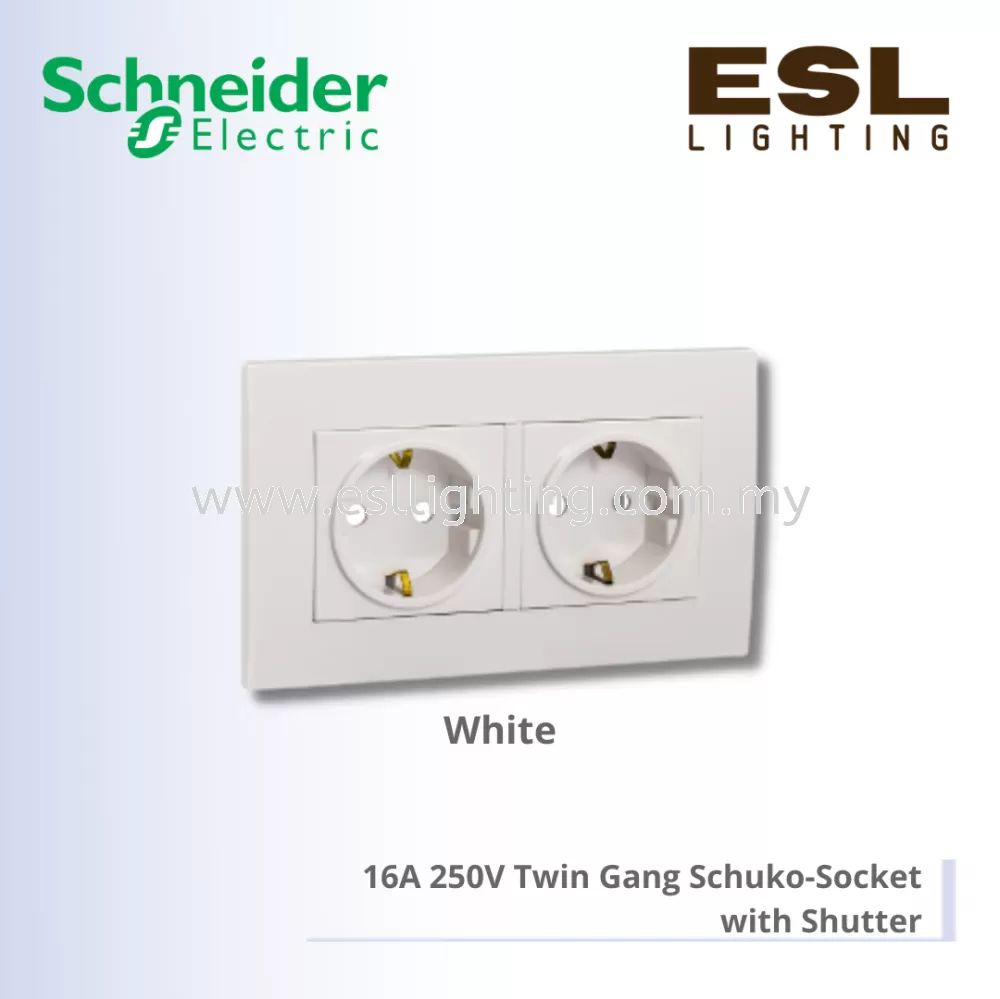 SCHNEIDER Vivace 16A 250V Twin Gang Schuko-Socket with Shutter - KBT426_16S_WE