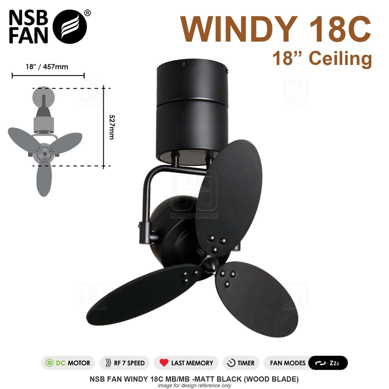 NSB FAN WINDY 18C MB/MB -MATT BLACK (WOOD BLADE)
