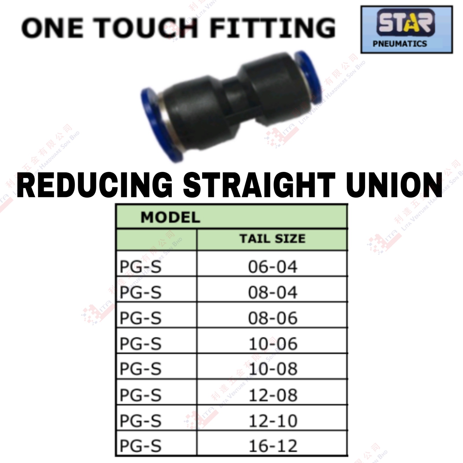 REDUCING STRAIGHT UNION - PGS0604 PGS0804 PGS0806 PGS1006 PGS1008 PGS1208 PGS1210 PGS1612
