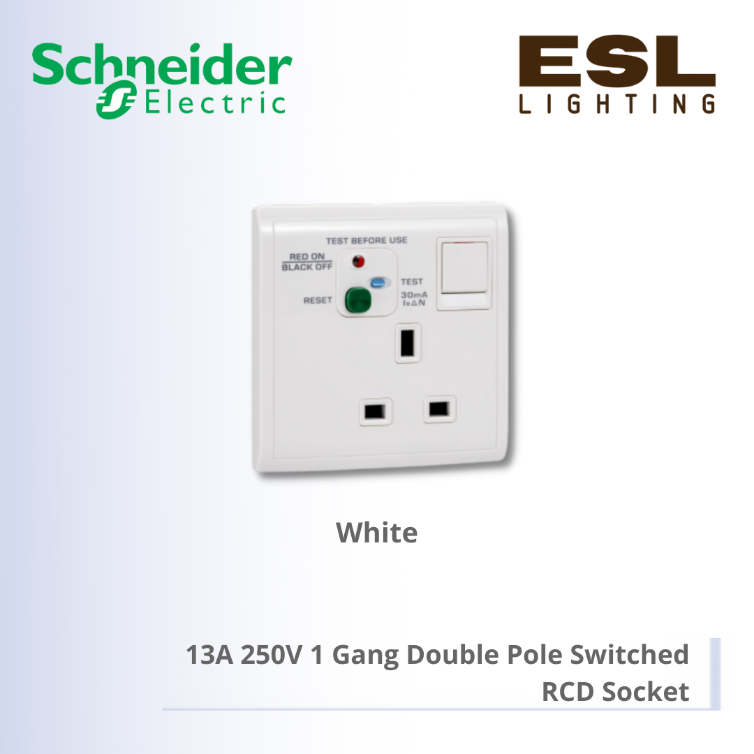 [DISCONTINUE] SCHNEIDER Pieno 13A 250V 1 Gang Double Pole Switched RCD Socket - E8215DRCC_WE_G11