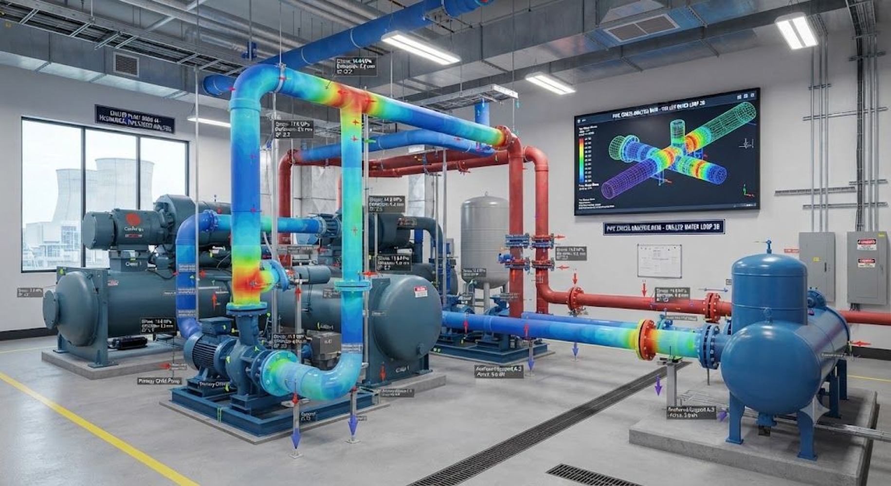 Chiller plant room mechanical pipe stress analysis