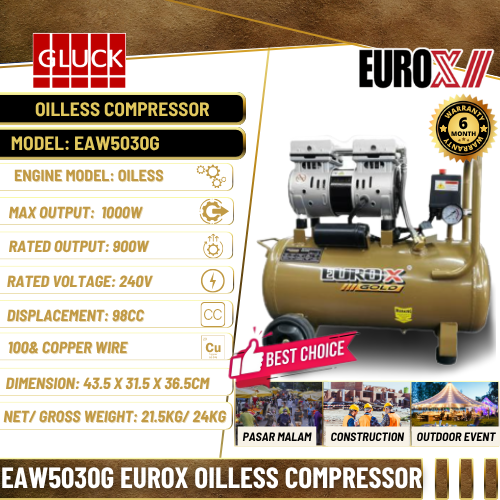 EAW5030G EUROX GOLD OIL LESS 1HP / 30L AIR COMPRESSOR EAW5030G