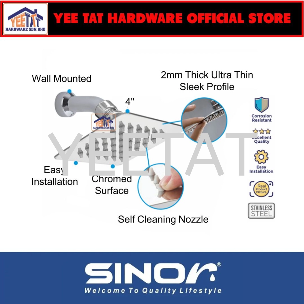 [ SINOR ] SH-711-S4 STAINLESS STEEL 4 INCHES SQUARE ULTRA THIN SHOWER HEAD SET