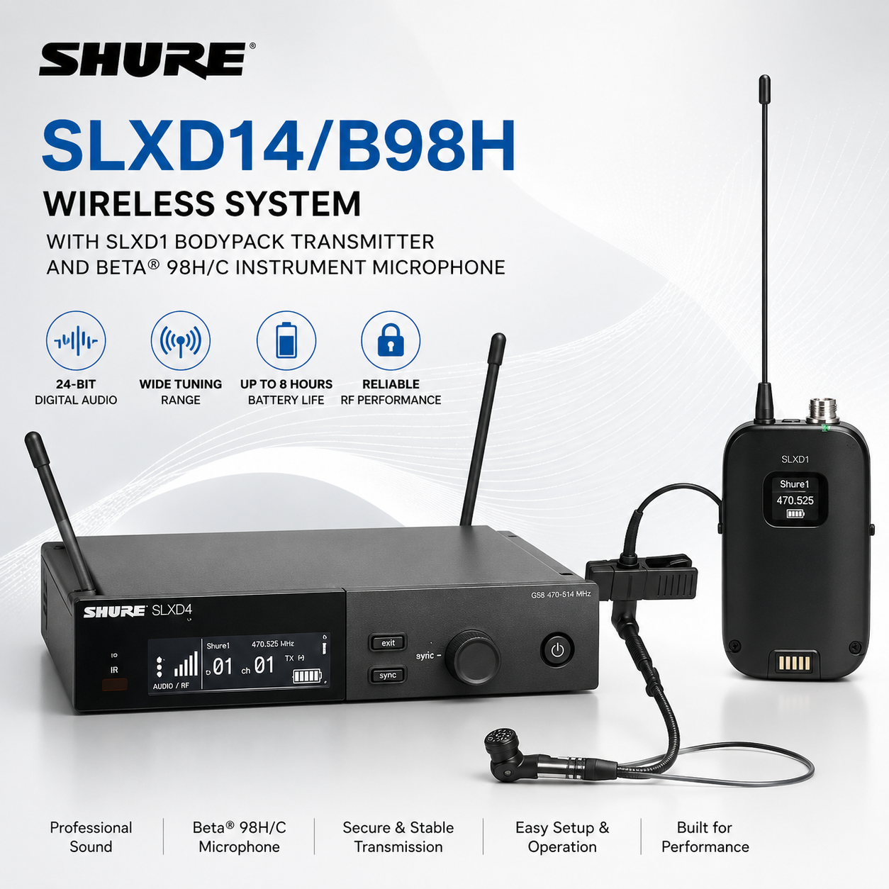 Shure SLXD14/B98H – Wireless System with SLXD1 Bodypack Transmitter and Beta® 98H/C Instrument Microphone