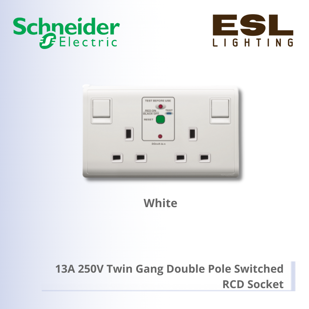 [DISCONTINUE] SCHNEIDER Pieno 13A 250V Twin Gang Double Pole Switched RCD Socket - E82T25DRCC_WE_G11