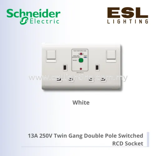 SCHNEIDER Pieno 13A 250V Twin Gang Double Pole Switched RCD Socket - E82T25DRCC_WE_G11