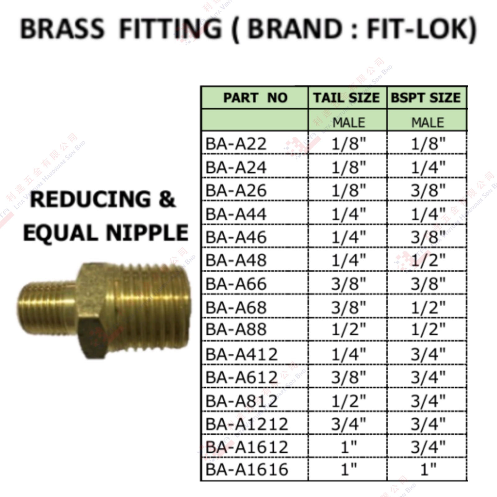 BRASS  FITTING REDUCING & EQUAL NIPPLE - BAA22 BAA24 BAA26 ....BAA1616