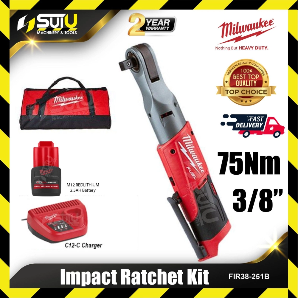 MILWAUKEE M12 FIR38-301B / FIR38-251B 3/8" M12 FUEL™ Compact Impact Ratchet w/ Batt + Char